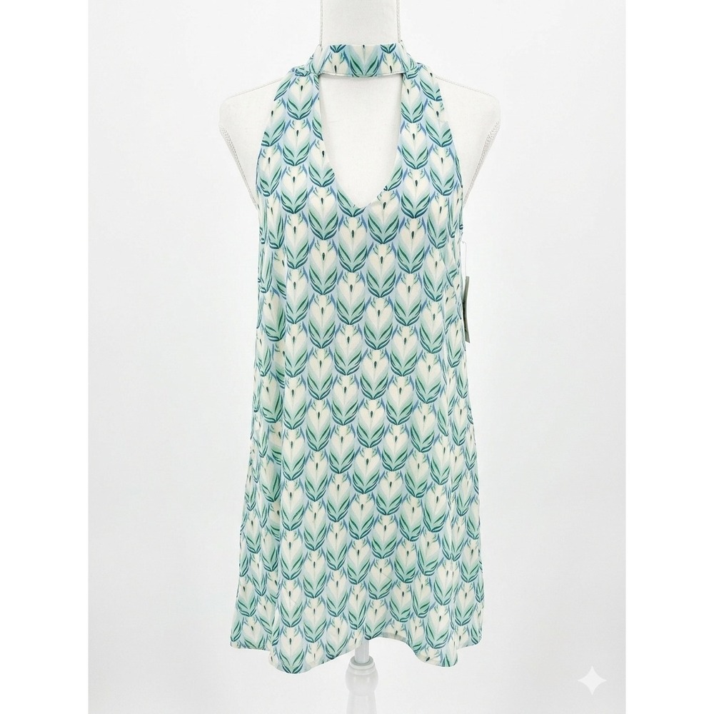 Karlie Halter Mini Dress Green Blue Leaf Print Choker Neck 17-95LDH Mens S
